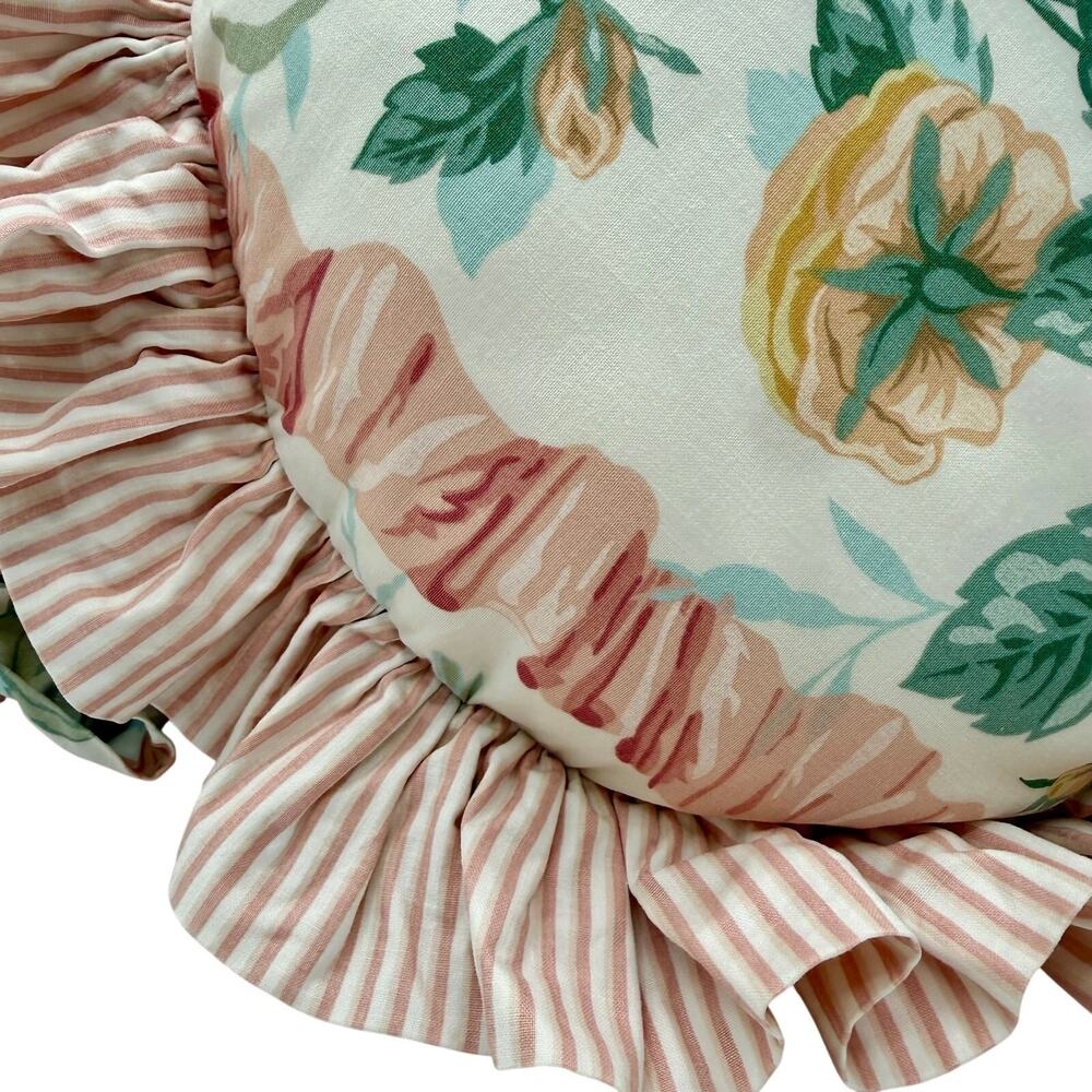 Vintage Cotton Sateen Floral Ruffle‎ Pillow Set Pink Stripe Round Cottage Accent - Picture 6 of 8